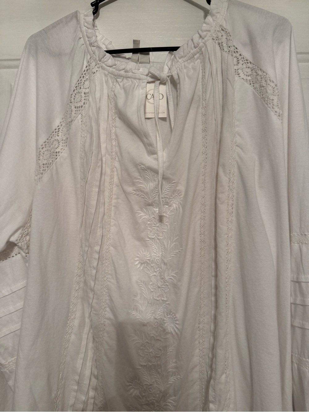 White Embroidered Peasant Blouse with Lace Trim